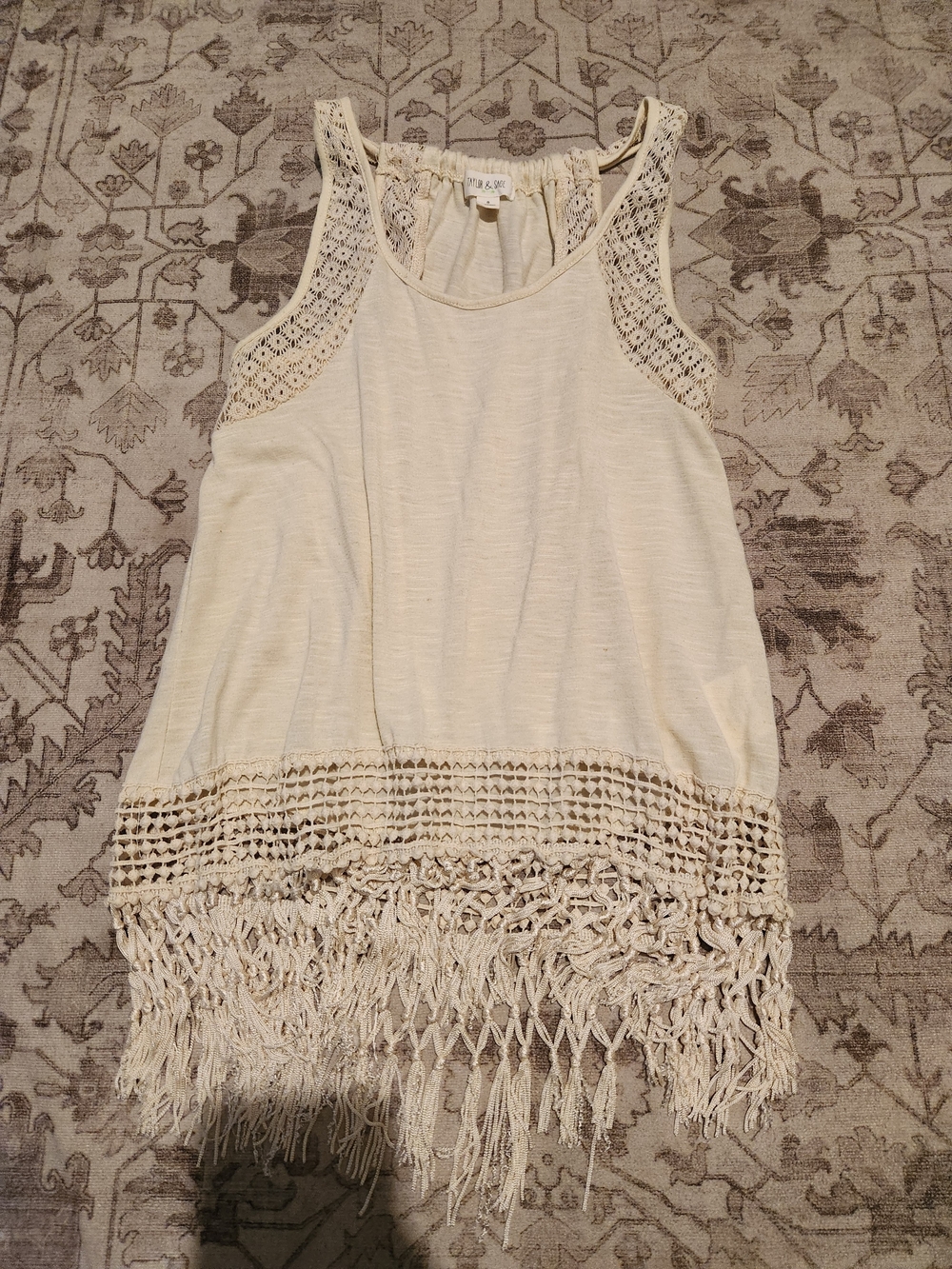 Taylor & Sage Cream Crochet Fringe Tank Top